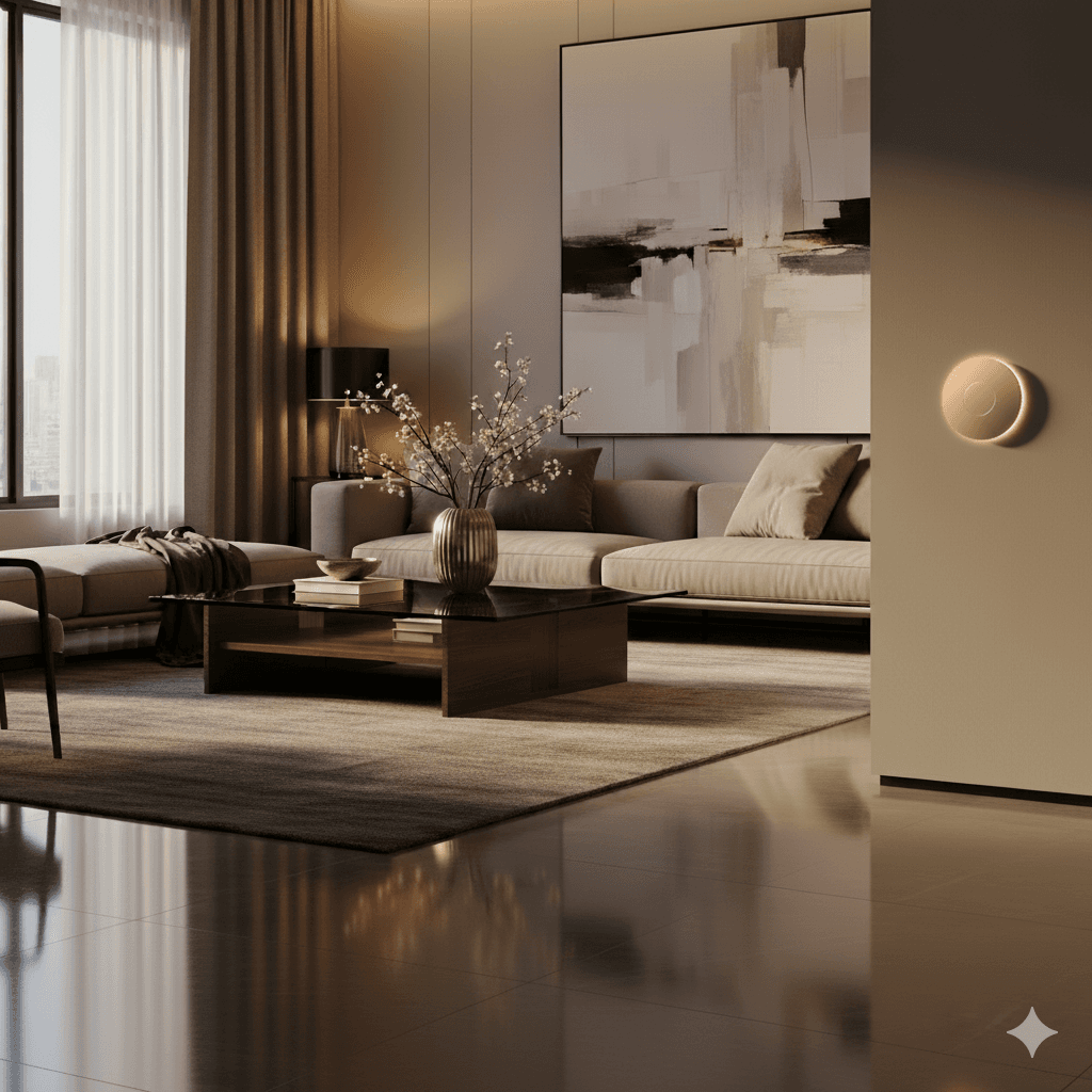 Warmly lit living room with a Lumira wall light beside a framed artwork