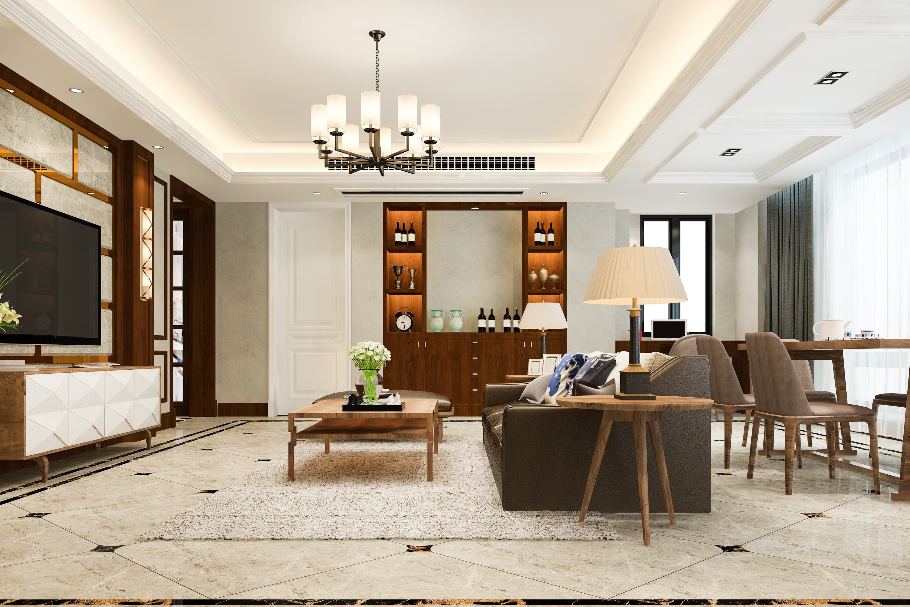 A contemporary dining and living room finished with luxury decor
