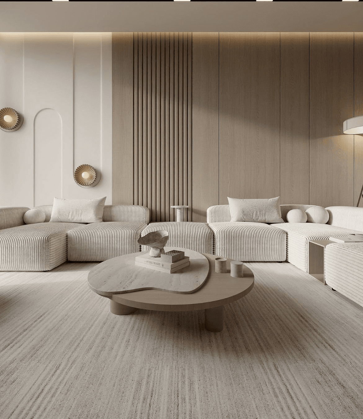 Serene living room with fluted wood panelling and soft lighting