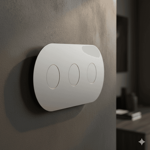 Minimalist white smart switch mounted on a warm plaster wall