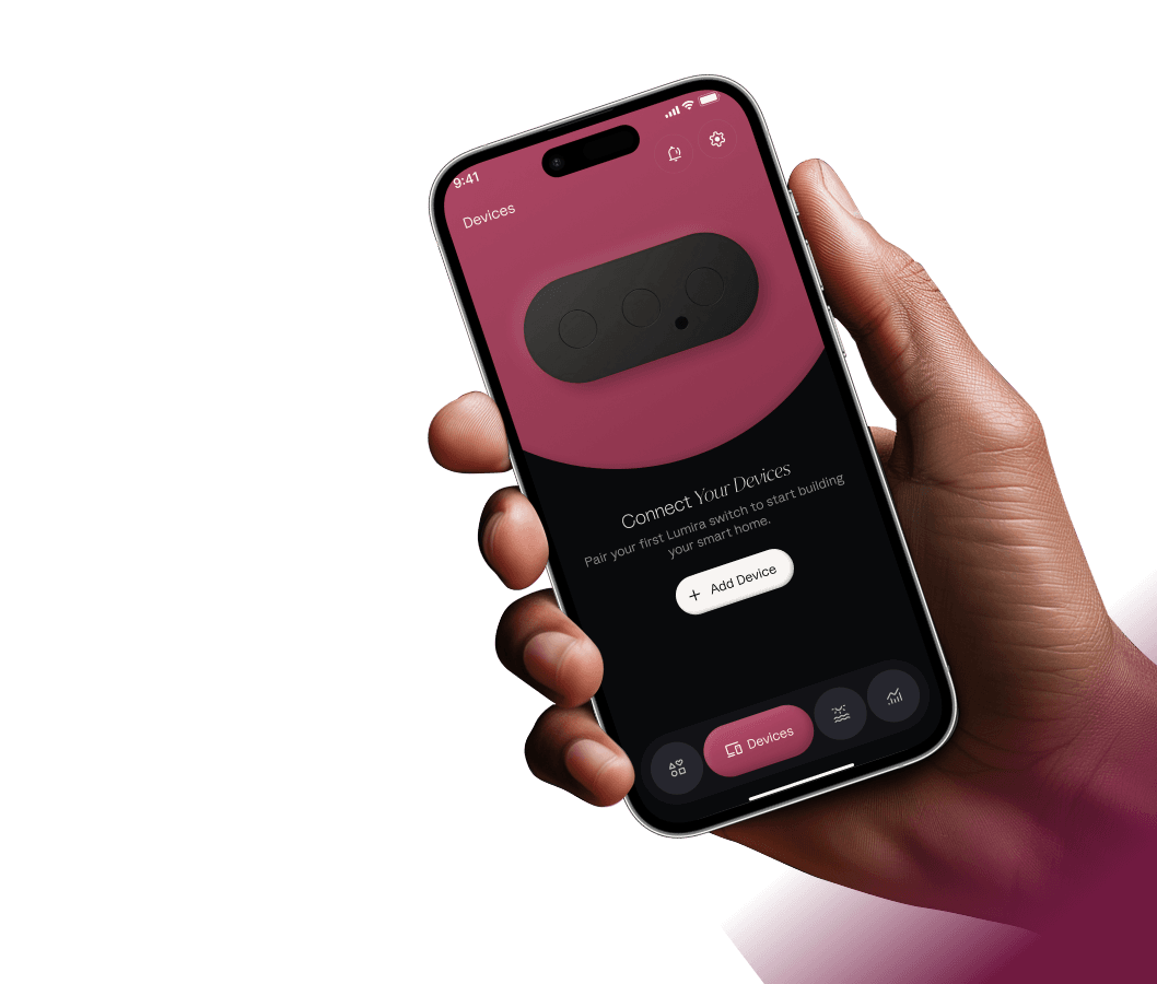 Hand holding a phone running the Lumira smart app