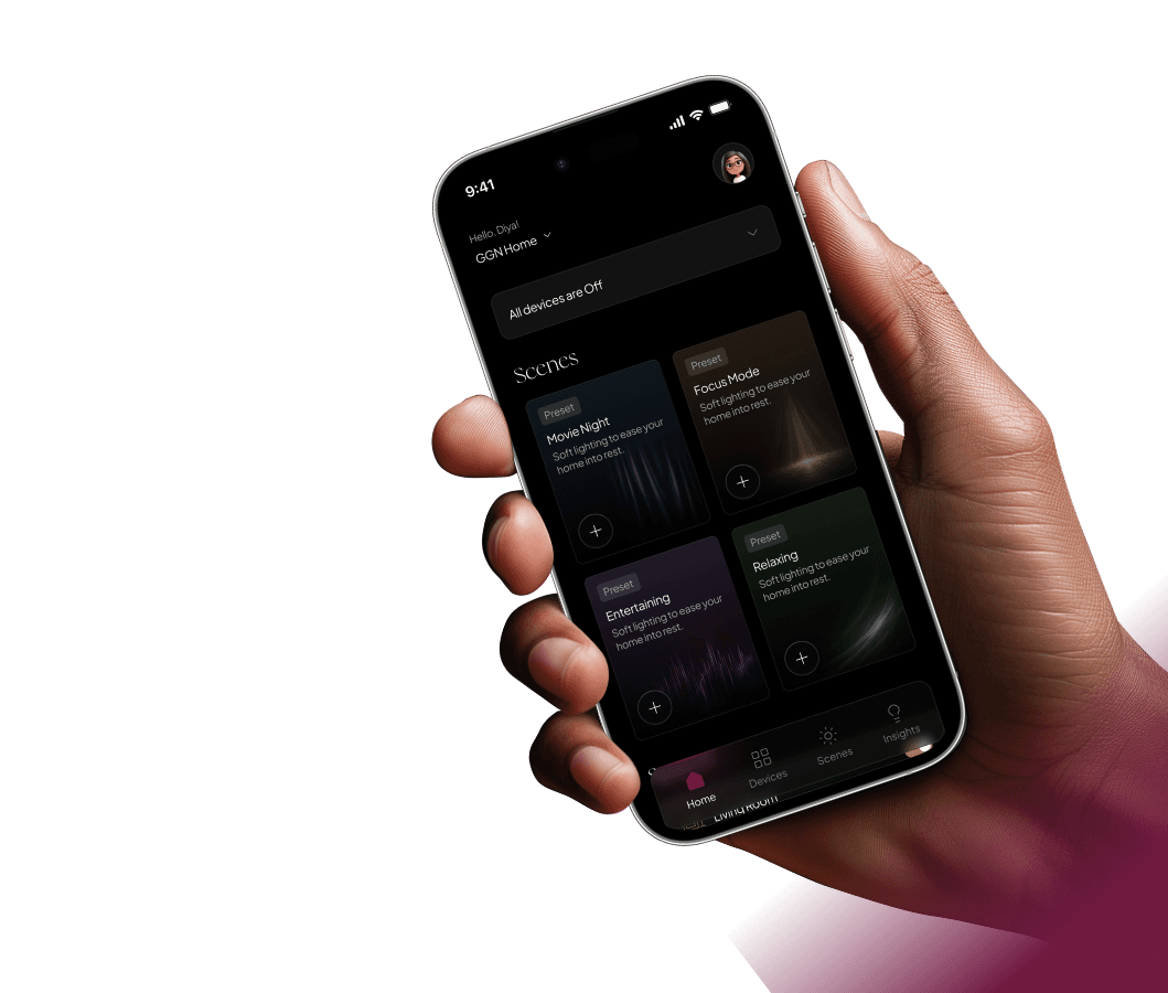 Hand holding a phone running the Lumira smart app