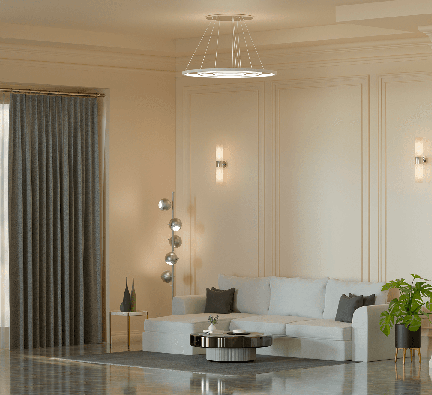 Lumira Smart App Hero Background showing a warm, dim room with hanging glass ornaments and a glowing wall sconce.