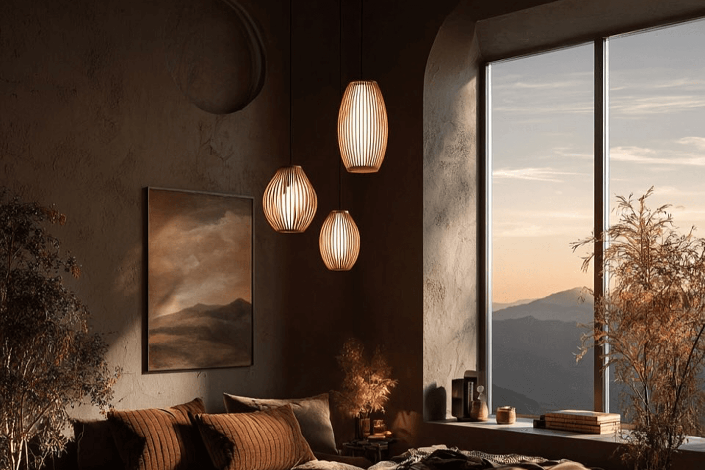 Elegant and cozy interior living space with warm pendant lights